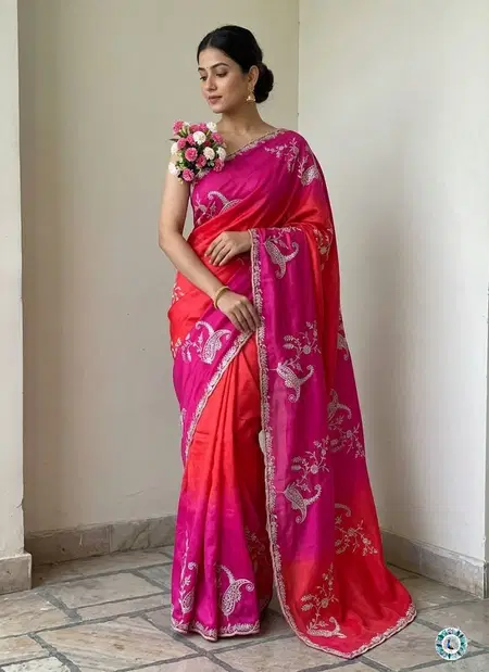 Jk 373 Chinon Silk Embroidery Work Saree